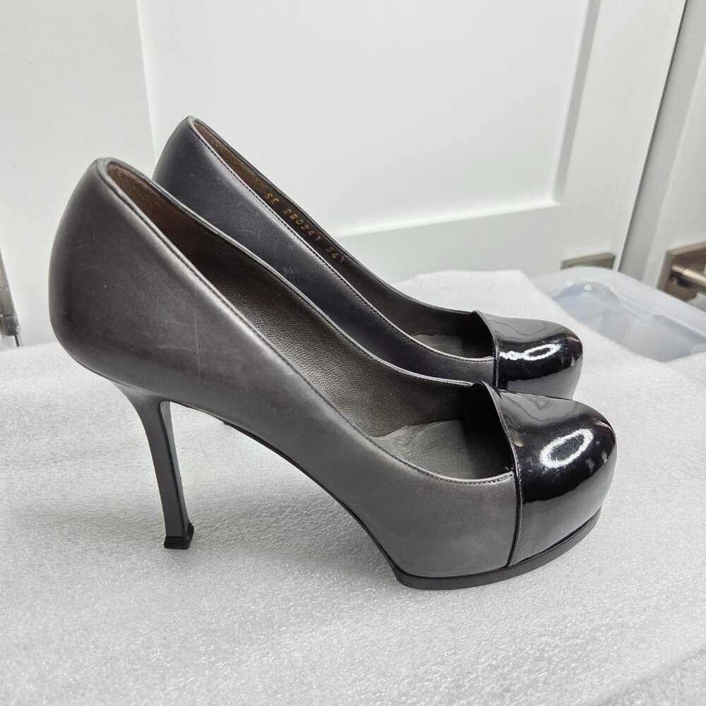 Women's YSL Rive Gauche Black Patent Cap-Toe Pumps - Size 36.5